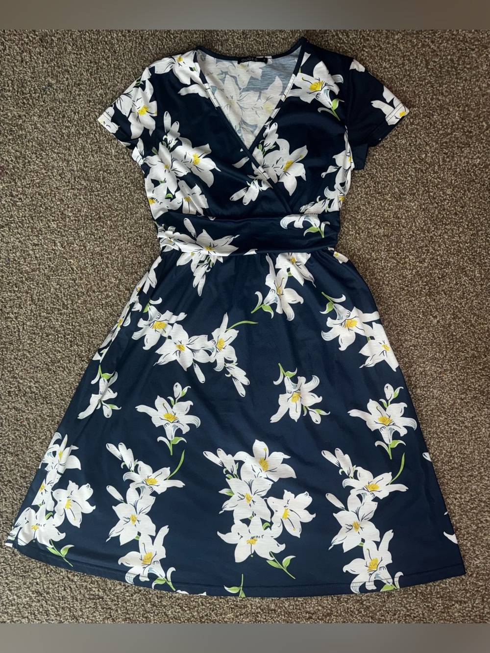 Ouges Women’s Navy White Floral V-Neck Short Sleeve Fit & Flare Dress Size S